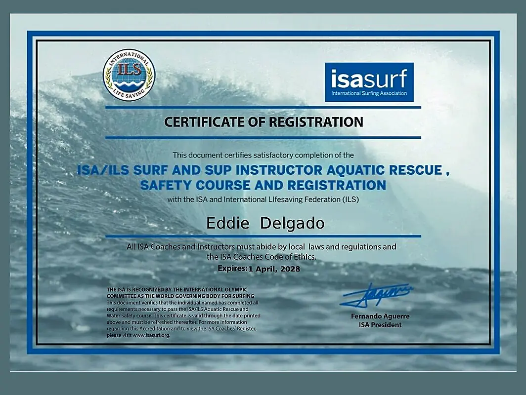 Surf instructor credential and licensing documentation for Cabo Matapalo Surf School